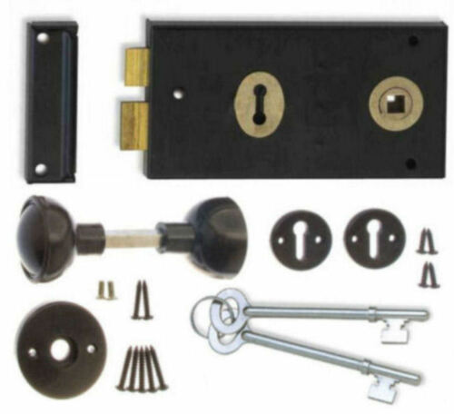 Black Rim Sash Lock 145 x 75mm with Handles Gate/ Door Sashlock Knobset + 2 Keys