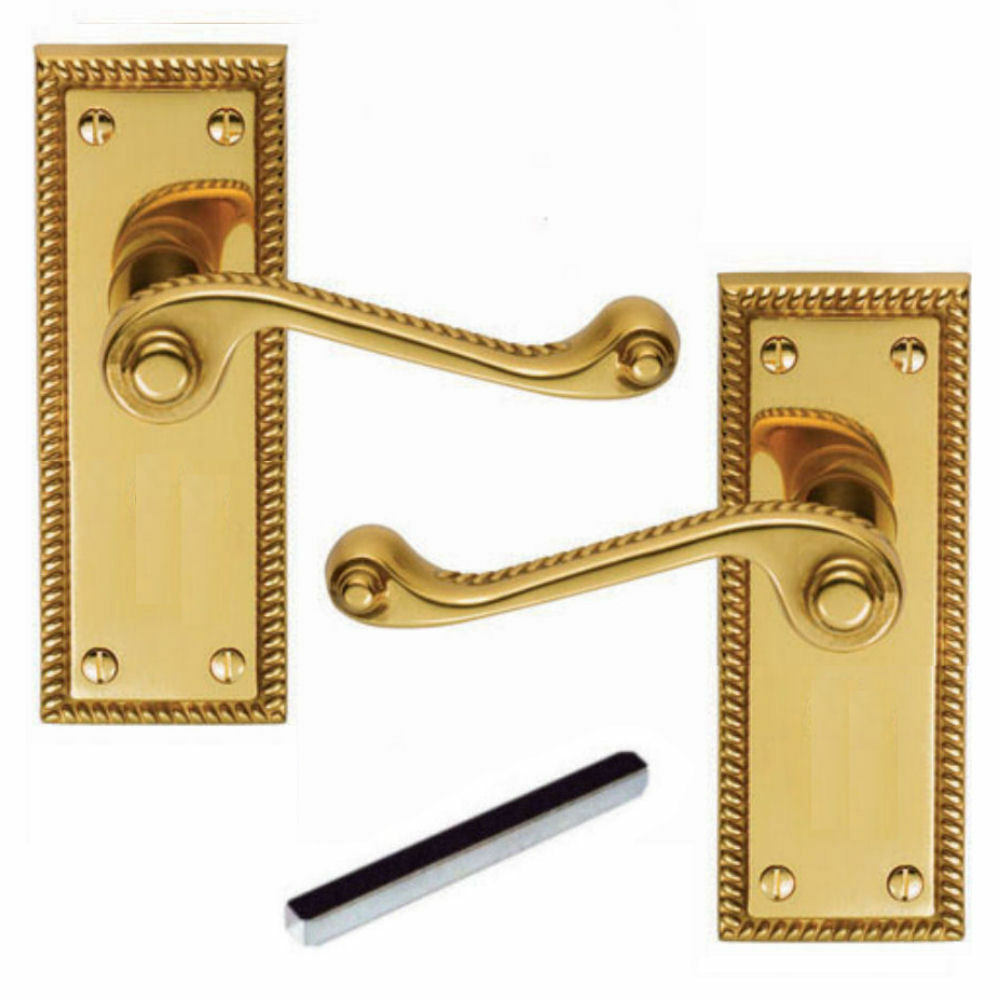 Georgian Brass Door Handles Lever Latch Roped Edge 100 x 42mm x 1 Pair + Fixings