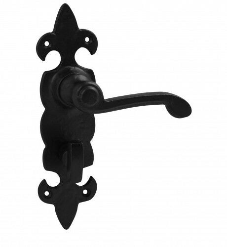 5013 - Set Of Black Antique Fleur-De-Lys Cast Iron Lever Bathroom Door Handles