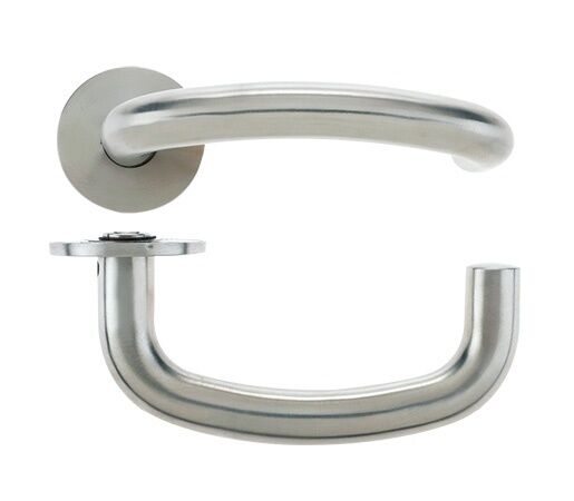 VS070 - Fire Rated 21mm Satin Stainless Steel Door Handle Arched Lever On Rose