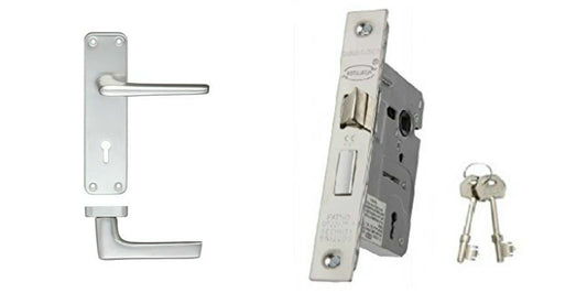 Aluminium Lever Lock Door Handles Keyed Set Pack + 3 Lever Sash Lock With 2 Keys