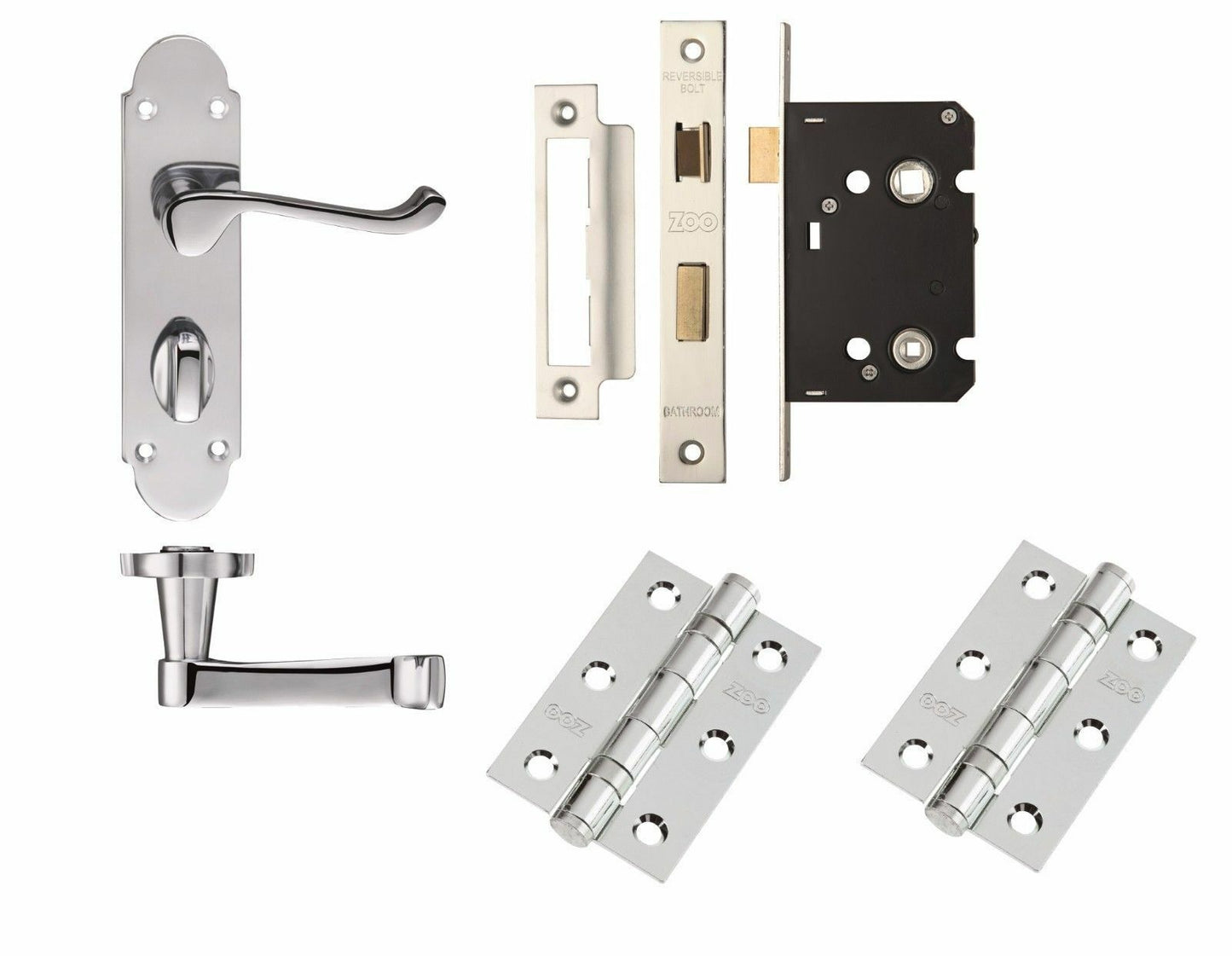 Polished Chrome Scroll Lever on Shaped 42 x 168mm Plate Bathroom Set With Hinges