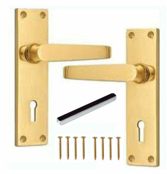 6503 - Polished Brass Straight Victorian Door Handles Lever Lock with Keyhole