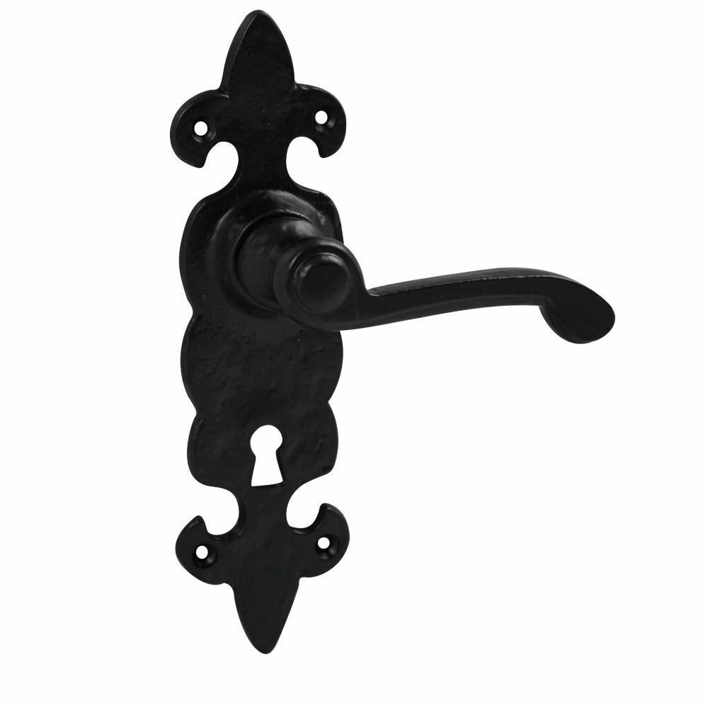 5012 - Set Of Black Antique Fleur-De-Lys Cast Iron Lever Lock Door Handles