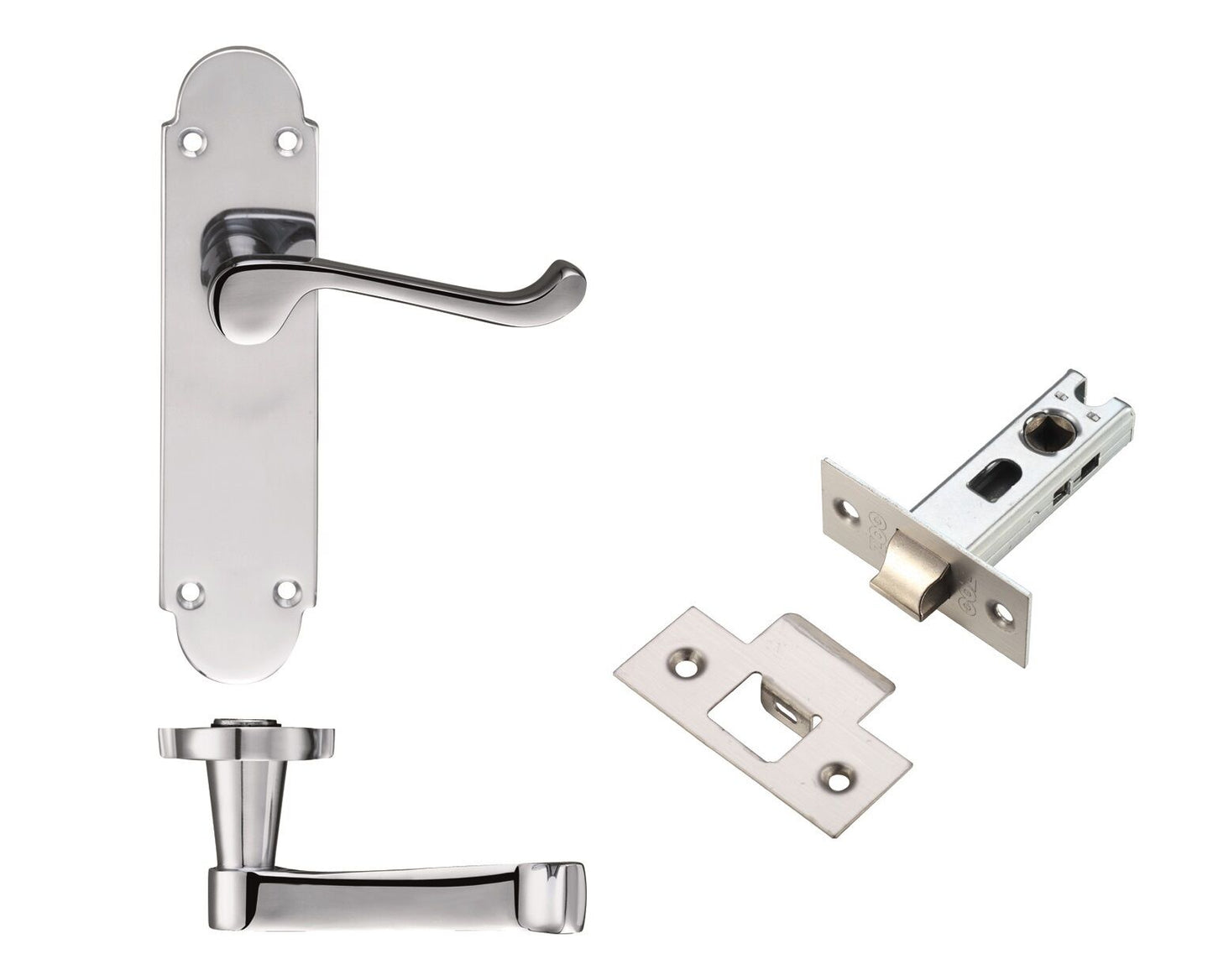 Mirror Polished Chrome Scroll Lever on Shaped 42mm x 168mm Backplate Latch Set