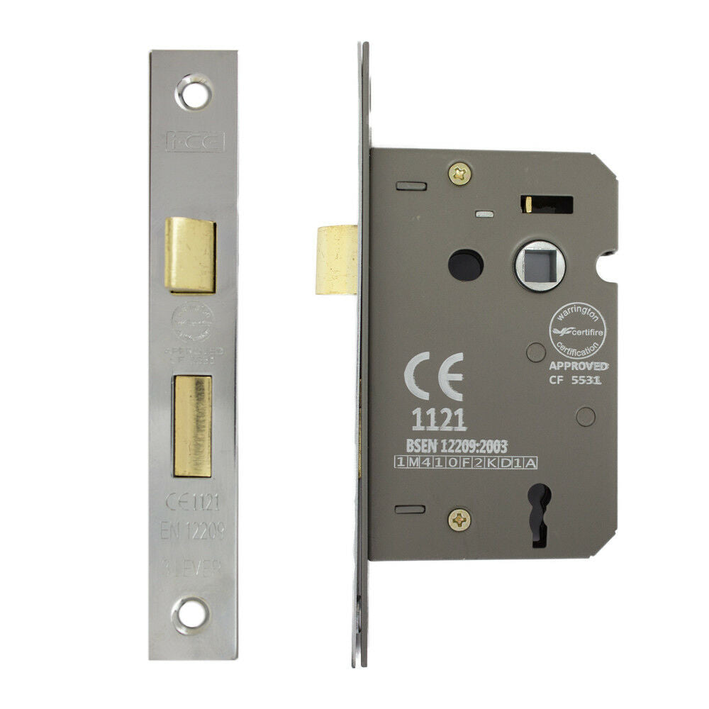 Fire Rated Nickel Plated CE Rated 3 Lever Sashlock 63 mm by i-CE Locking Systems