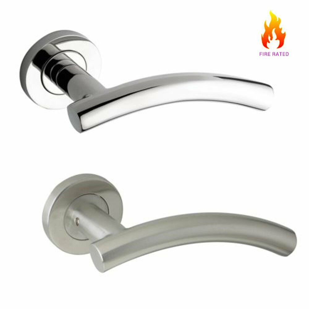 DOOR HANDLES Pair LEVER ON ROSE Arched T BAR Polished Chrome Satin Steel B17