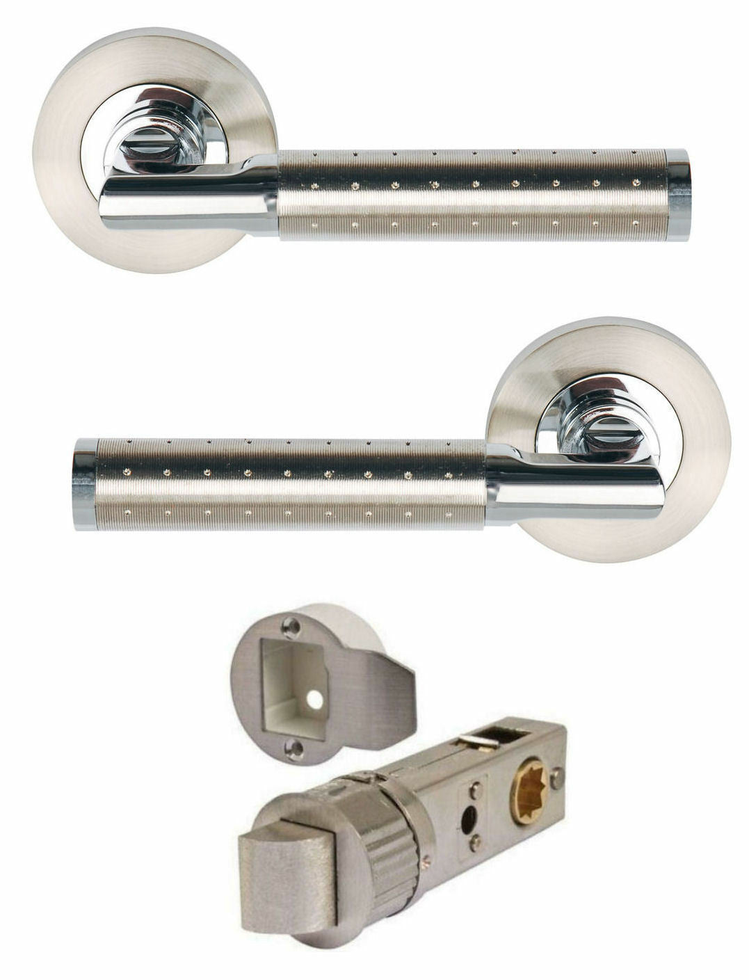 AURA Dual Finish Satin Nickel/ Chrome Lever on Rose Door Handles + Accessories
