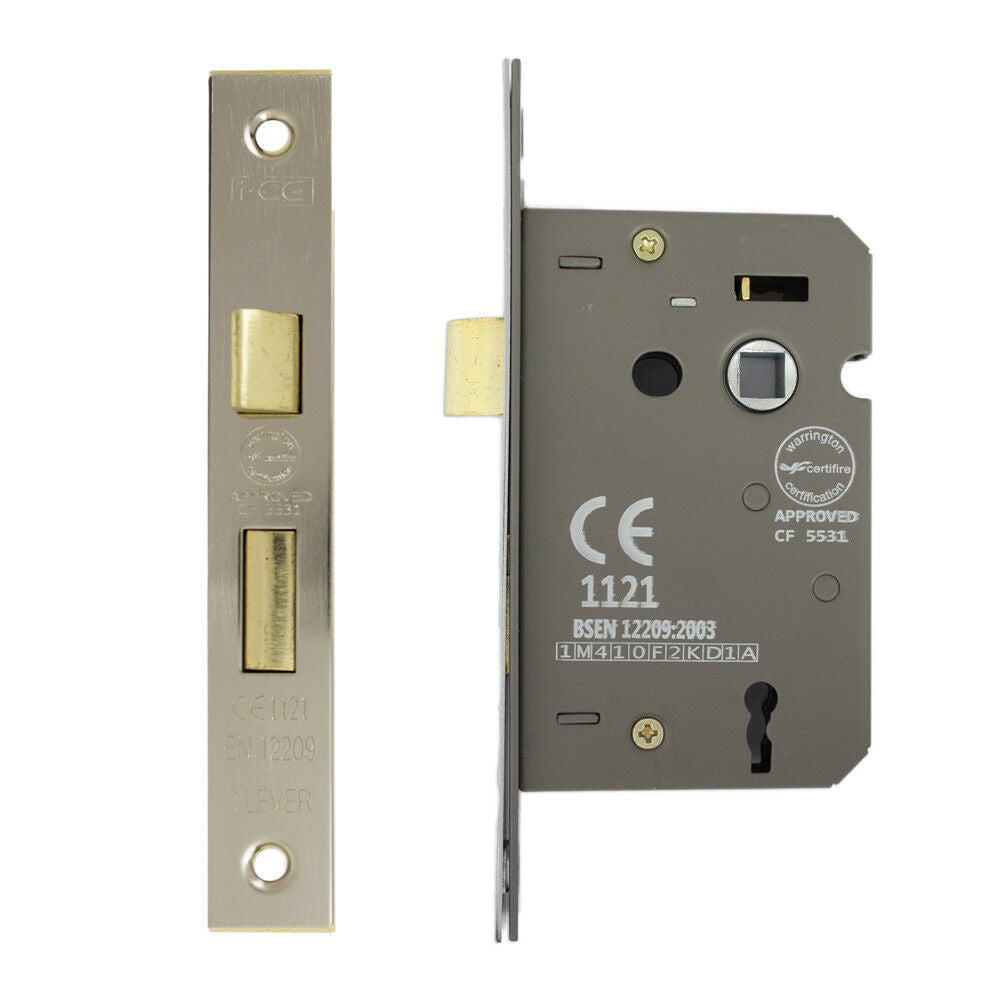 Fire Rated Satin Nickel CE Rated 3 Lever Sashlock 63 mm by i-CE Locking Systems