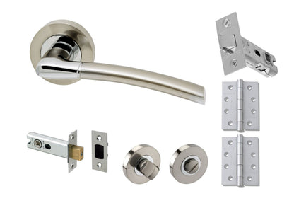 Modern Satin Nickel and Polished Chrome Rose Lever Door Handle - Falcon