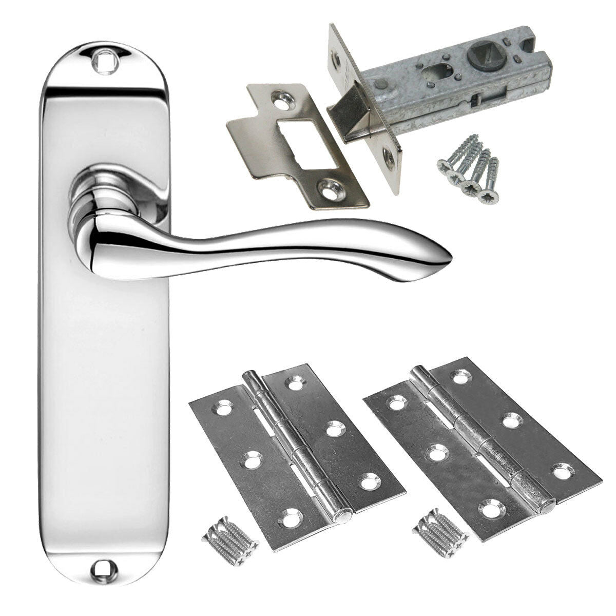 Arundel Door Handle Pack Polished Chrome Latch Lock and Bathroom Door Handles