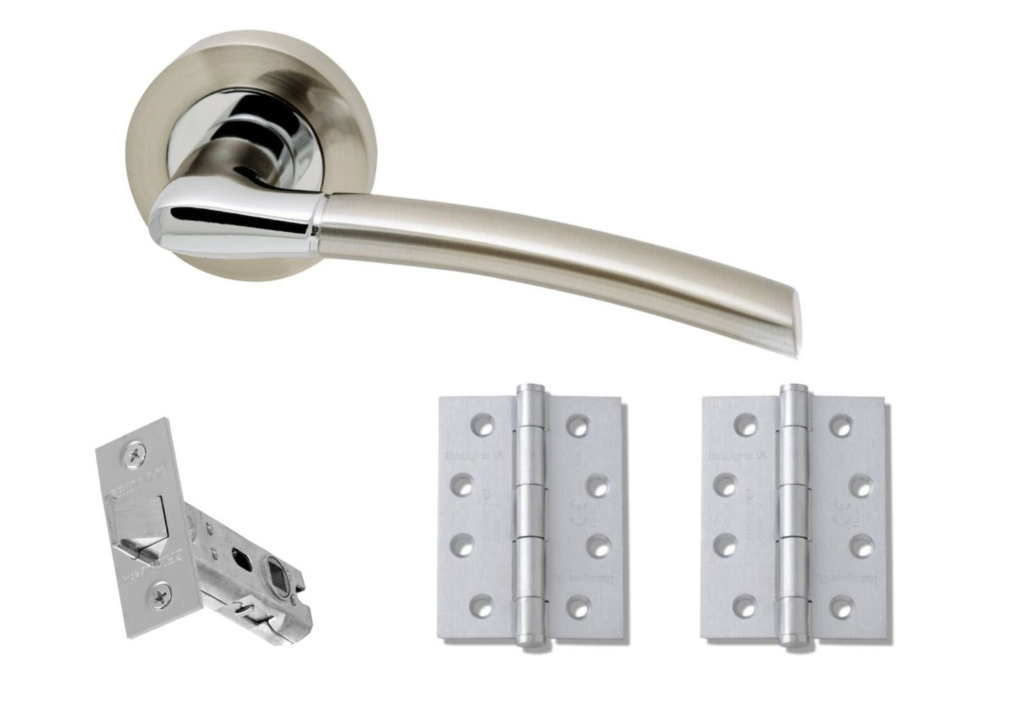 Modern Satin Nickel and Polished Chrome Rose Lever Door Handle - Falcon