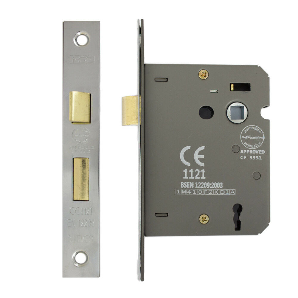 Fire Rated Nickel Plated CE Rated 3 Lever Sashlock 75 mm by i-CE Locking Systems