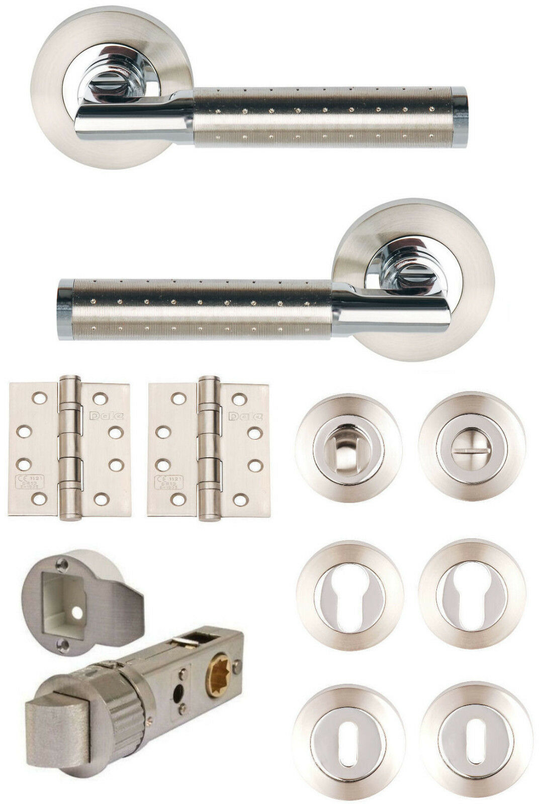 AURA Dual Finish Satin Nickel/ Chrome Lever on Rose Door Handles + Accessories
