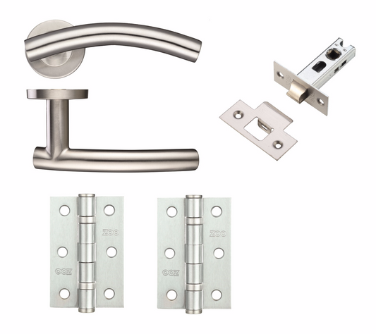 Brushed Stainless Steel Arched Door Handle Latch Set With Hinges