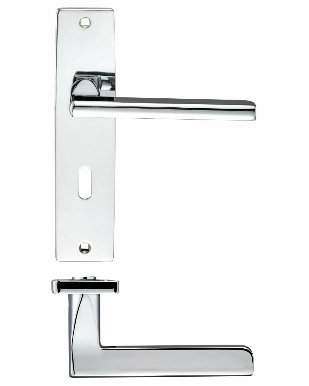 Modern Venice Lever Door Handle on Standard Profile Lock Plate Polished Chrome