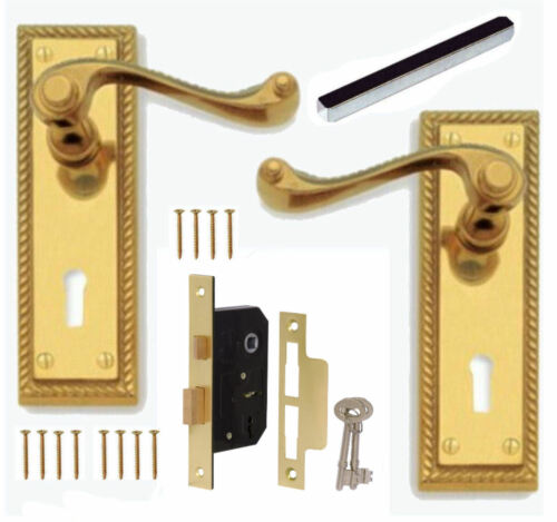 Georgian Polished Brass Lever Lock Door Handles + 64mm 3 Lever Lock Set +2 Keys