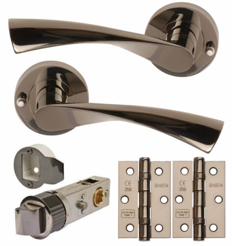 FLEX Black Nickel Push Button Privacy Lever on Rose Door Handles SET + 3" Hinges