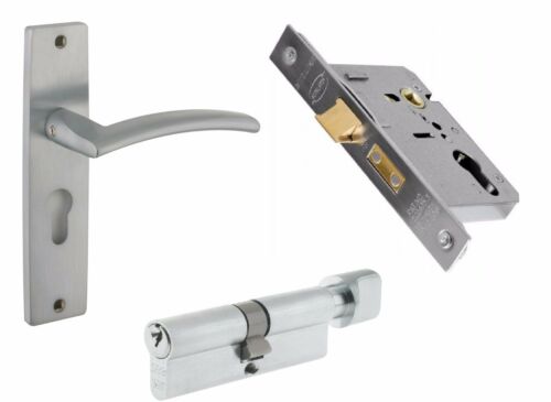 Amalfi Satin Chrome Door Handle Internal Cylinder & Turn Lock Set C/w Hinges