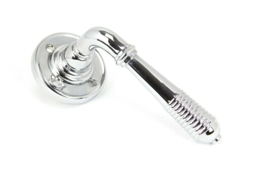 From the Anvil Reeded Lever Door handle on rose Polished Chrome