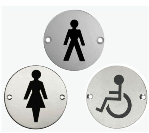 Set of 3 Stainless Steel WC Toilet Door Signs 3" Dia MALE FEMALE DISABLED Symbol