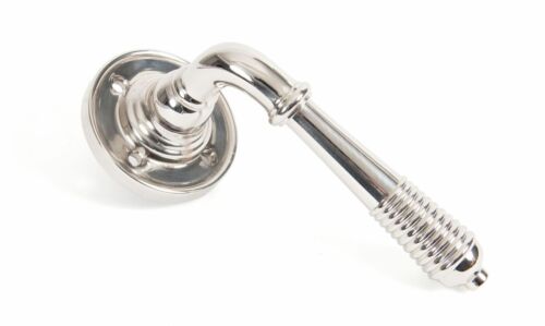 From the Anvil Reeded Lever Door handle on rose Polished Nickel