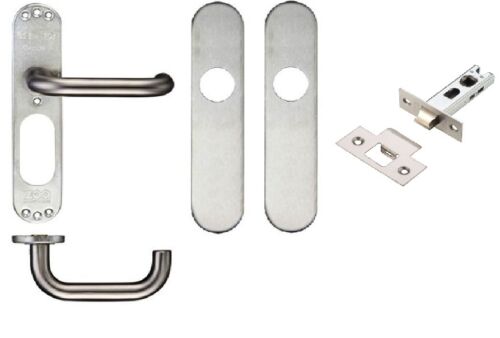 D Handle on Radius Plate (Latch Set)-Satin Stainless FOR 45MM FIRE DOORS -H