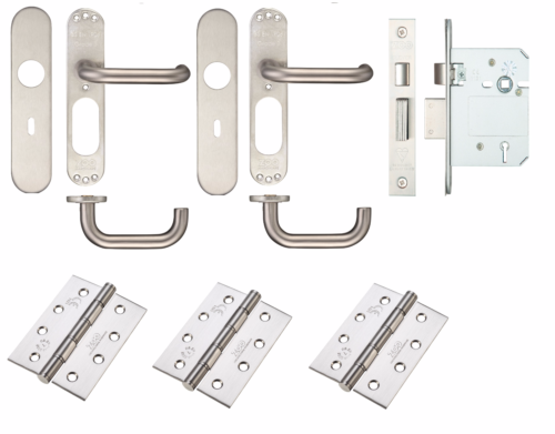D Shape Handle on Radius Plate With 5 Lever Lock and Hinges for External Door